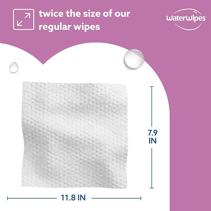WaterWipes Sensitive Whole Body Cleansing Wipes, 99.9% Purified Water, XL Textured Wipes, Incontinence Care, Fragrance Free, 90 Count