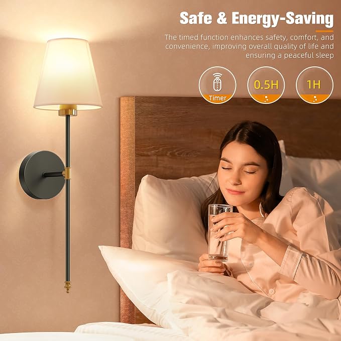 19.9 inch Battery Operated Wall Sconce Set of 2,Gold-Black Rechargeable Wall Lights with 10400mAh Dimmable Detachable Bulbs and Remote, Wireless Sconces for Bedroom Living Room Hallway