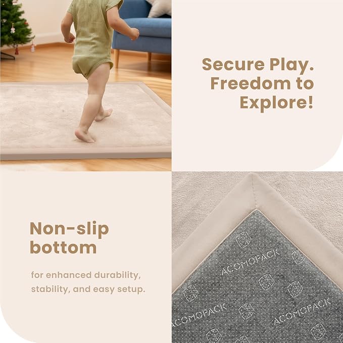 ACOMOPACK Baby Play Mat for Floor 1.3" Thick Memory Foam Play Mat 71"×79" Tummy Time Crawling with Non-slip Bottom for Living Room,Nursery,Soft Velvet Playpen Mats for Kids,Infants（Beige）