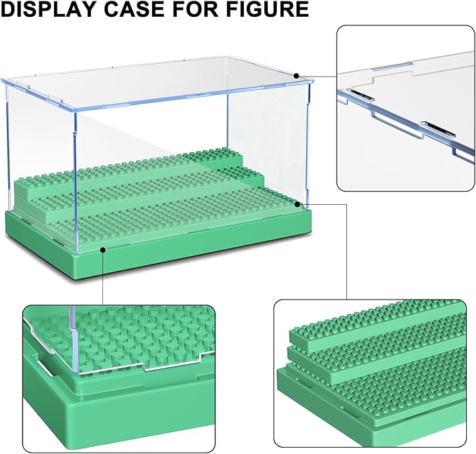KKU Display Case for Minifigure Action Figures Blocks, Acrylic Minifigure Display Case Box Storage with 3 Movable Steps Gift for Kids Adults (Green)