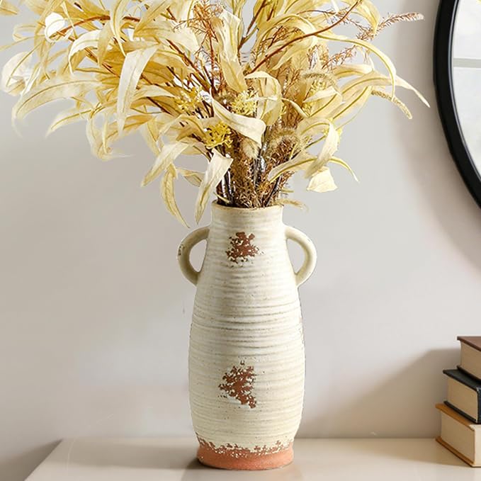 Ceramic Flower Vase with Handles, 12.3 Inch Tall Vase for Centerpieces, Large Decorative Terracotta Vases, Farmhouse Rustic Vases for Home Decor, Living Room, Table, Neutral