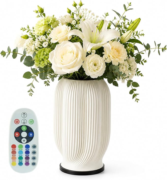 White Vase for Flowers - Small Vase with Lighting 16 Colors for Centerpieces, Modern Vases for Home Decor, Coffee Table, Living Room, Dining Table, Farmhouse, Bedroom (USB Plug in Corded)