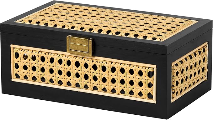 Rattan Storage Boxes Decorative Handmade Natural Wood Baskets | with Lid & Wooden Frame, Boho Rustic Wicker Stacking Woven Cane Bins, Shelf Closet Desk Organizer Container, Black, Small