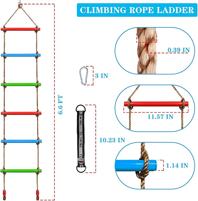 Climbing Rope Ladder for Kids, 6.6Ft Swing Rope Ladder Obstacle Course for Indoor PlaySet and Outdoor Tree House, Playground Swing Set and SlacklineLadder