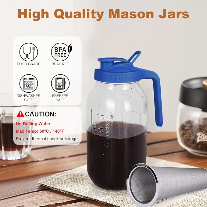 Cold Brew Coffee Maker,64 oz Mason Jar Pitcher with Stainless Steel Filter, Pour Spout Handle Lid, Heavy Duty Glass Airtight & Leak-Proof for Iced Coffee Tea & Lemonade -Blue