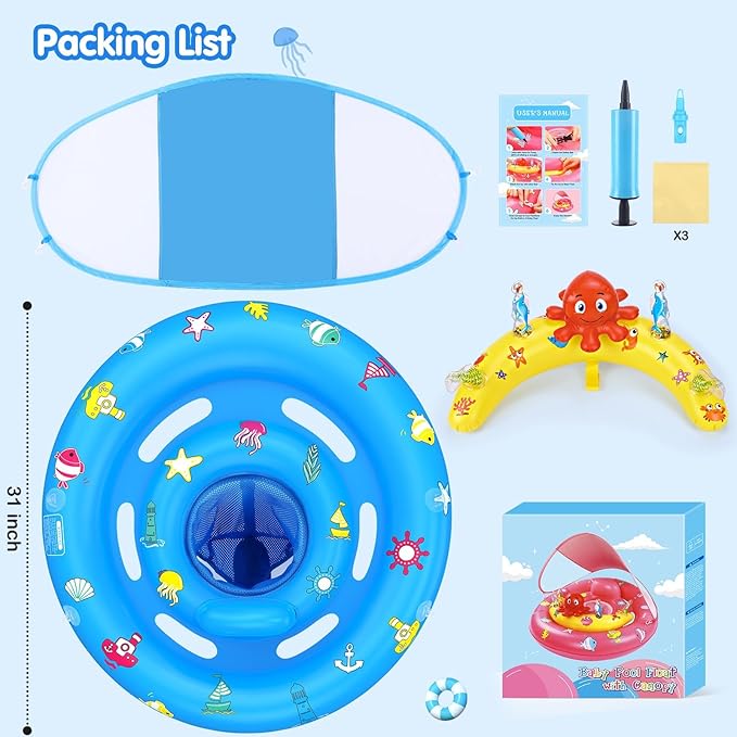 Baby Pool Float with Canopy, Inflatable Baby Swim Float with UPF50+ Sun Protection, Toddler Infant Pool Float with Toy Play Console Adjustable Safety Seat for Kids Girls Boys Aged 6-36 Months