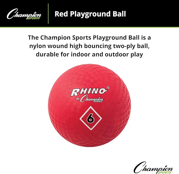 Champion Sports Playground Ball – High-Bounce 2-Ply Construction, Durable Red Ball for Throwing, Catching & Kicking - Multiple Sizes (5", 6", 7", 10", 13", 16")