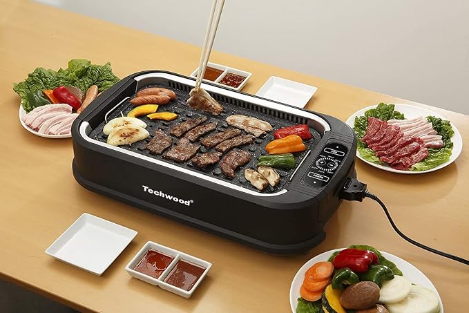 Techwood Indoor Grill Smokeless Grill, Electric Korean BBQ Grill with Glass Lid, Turbo Smoke Extractor Technology, Dishwasher-Safe Drip Tray & Nonstick Grilling Removable Plate, Black, 1500W