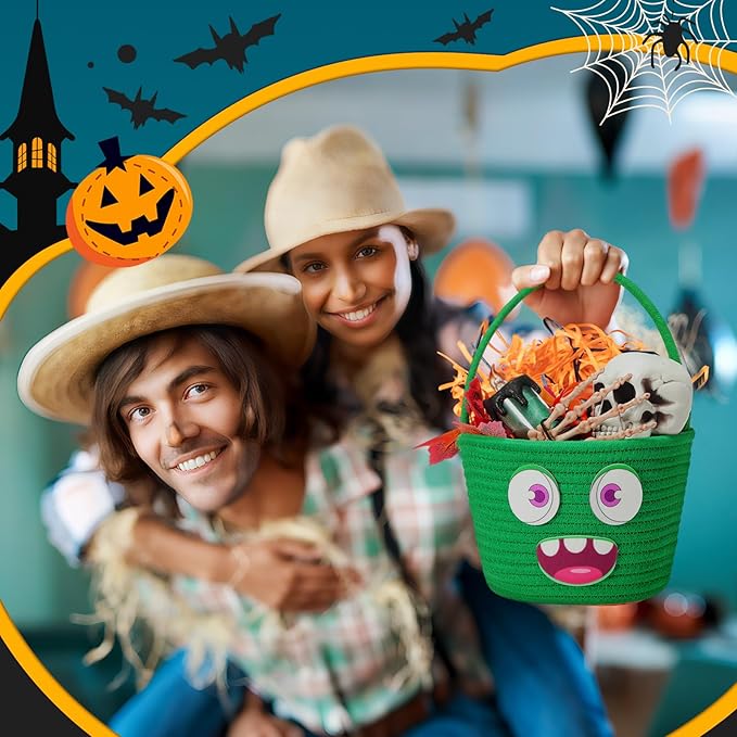 Halloween Basket with Handle Cute Bucket Cotton Rope Woven Candy Bag Pumpkin Witch Cat Pig Storage Basket for Halloween Party Favor(Green,Monsters)