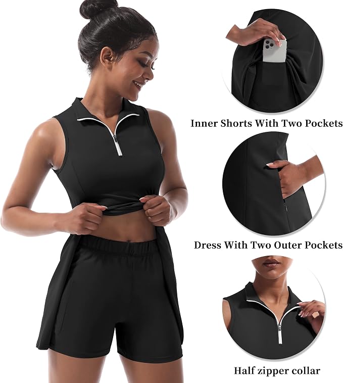 Womens Tennis Dress, Golf Dress with Shorts & Pockets Athletic Dress | Sleeveless Collared Half-Zipper Workout Sport Dress, Stretch Moisture Wicking Fabric, Tennis Golf Outfits