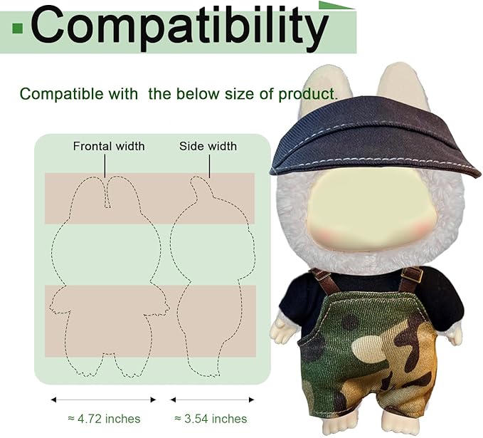 Camouflage Three-Piece Set for Labubu, Denim Overalls & Hat with Shirt for Labubu Clothes, Cool Jumpsuit Outfit