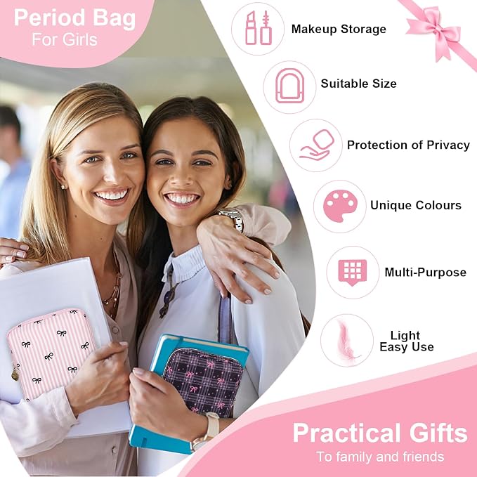 Sanitary Pad Storage Bag Portable Period Bag for Teen Pads/Sanitary Napkins/Small Tampons, Sanitary Napkin Storage Bag First Period Gifts for Teen Girls (Pink Plaid Bowknot)