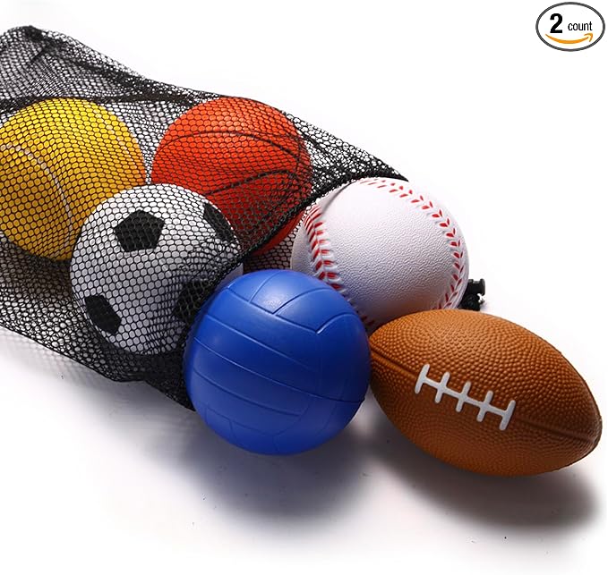 Urspasol Mini Sports Balls Set of 6 Foam Balls for Kids 3.5 inch Soft Ball for Toddlers 1-3 with Bag Includes Soccer, Basketball, Football, Baseball,Tennis and Volleyballs- Throwing Toys for Babies