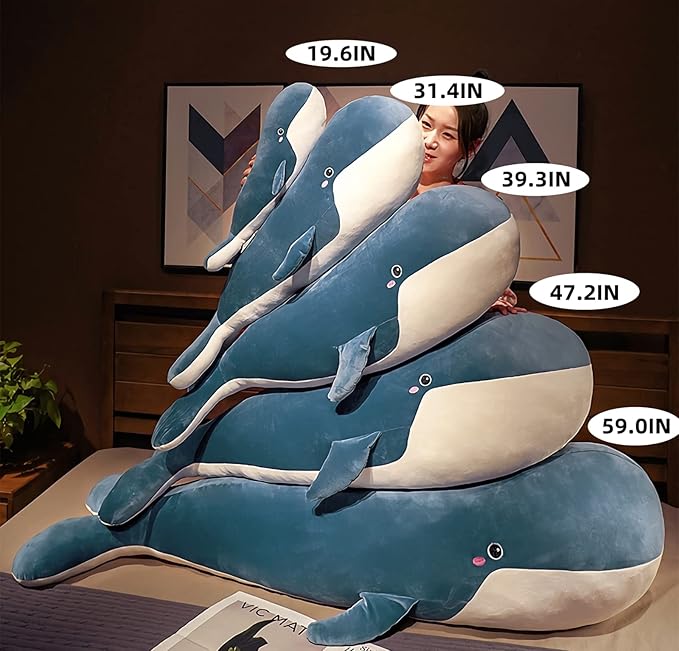 Whale Stuffed Animal Plush - Large Soft Whale Body Pillow, 47.2'' Stuffed Whale Toy with Removable Washable Cover, Cute Plush Whale Throw Pillow Gift for Kids, Girls, and Boys