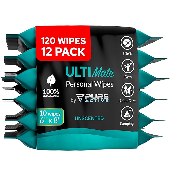 Ultimate Shower Travel Body and Face Wipes 120 Wipes 6''x8'', Biodegradable Personal Hygiene Body Cleansing Wipes for Men for After Gym Travel Camping Adult Bathing Wipes,Unscented