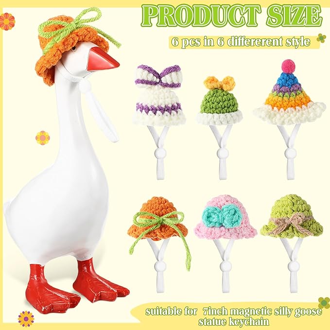 Geyoga 6 Pcs Mini Knitted Hats 7 Inch Goose Outfits Hat with Adjustable Strap Mini Porch Goose Headwear for Statue Key Holder