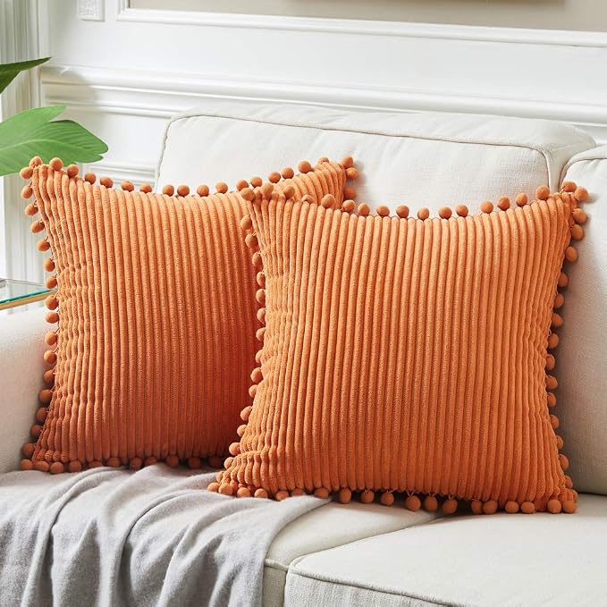 Fancy Homi Pack of 2 Corduroy Fall Decorative Throw Pillow Covers with Pom-poms, Solid Square Cushion Case Pillow Cases Set for Couch Sofa Bedroom Car Living Room (20x20 Inch/50x50 cm, Orange)