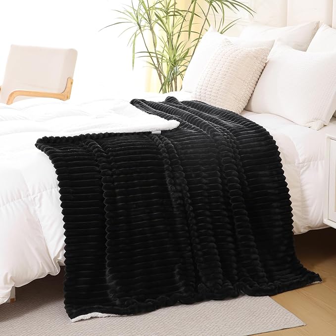 Black Sherpa Fleece Throw Blanket 50”×60” for Couch Sofa Bed | Double Side Soft Fuzzy Cozy Plush Thick Flannel Blanket with Striped Design Gift for Adults,Woman