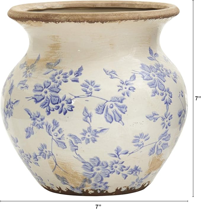 Nearly Natural 7 in Tuscan Ceramic Blue Scroll Urn Vase Floral Room Decor | Vintage Floral Design, Durable Quality Ceramic, Perfect for Faux Bouquets, Indoor Home Styling Corner Accents