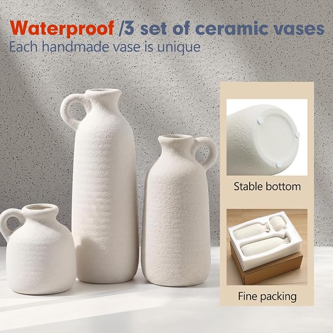 White Ceramic Vase Set of 3 with Handle, Waterproof Vases for Pampas Grass | Farmhouse Vases Home Decor for Dried Flowers, Flower Vase for Table Living Room Home Decor