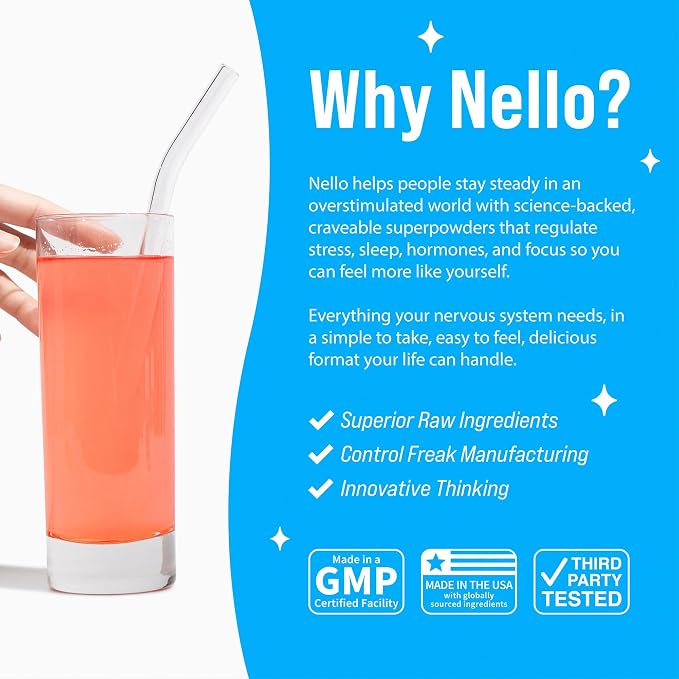 Nello Supercalm Powdered Drink Mix, Cortisol Reducer and Sleep Aid Supplement, L Theanine, Ksm-66 Ashwagandha, Magnesium Glycinate, Vitamin D 3, No Sugar, Non GMO, On The Go, 20 Ct, Rainbow Sherbet