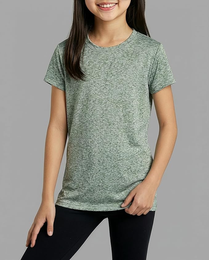 Real Essentials 5 Pack: Girls' Short Sleeve Dry-Fit Athletic T-Shirt - Active Gym Crew Neck Tops for Teens Kids (Ages 4-16)