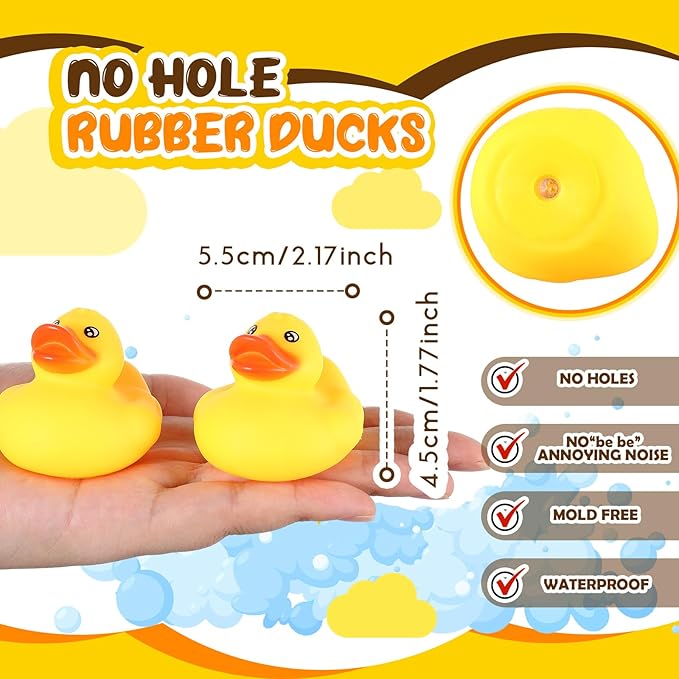 Lenwen 50 Pcs Waterproof No Hole Rubber Ducks Bath Toy with Sealed Plug Without Hole Bathtub Floating Bath Toy for Birthday Party Decoration Gift Swimming Pool (2.2 Inch)