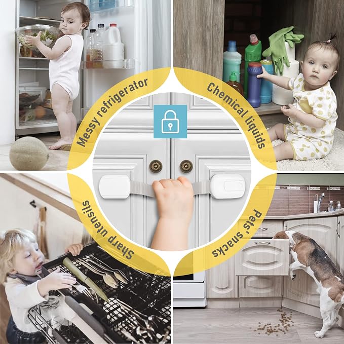 4our Kiddies 14 Pack Baby Proof Cabinet Latches, Childproof Drawer Latches with 12 Extra 3M Adhesives, Adjustable No Drilling Child Safety Cabinet Locks Straps Baby Drawer Locks for Kids Baby Safety