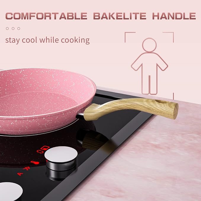Frying Pan Nonstick, 9.5 Inch Pink Egg Pan, Non Stick Fry Pan 100% PTFE PFOA-Free Omelet Skillet Pan, Toxin-Free Skillets Stone Cookware, Anti-Warp Base with All Stove Tops, Induction Compatible | Even Heating All Stove Compatible, PFOA PFOS Free, Gran...