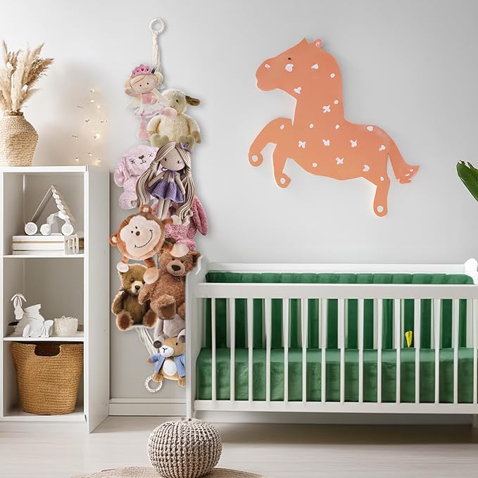 80" Beige Hanging Stuffed Animal Storage Chain, Munzong Cotton Stuffed Animal Display Holder Plush Qrganizer with 20 Metal Clips for Nursery Room Corner Wall Decor Play Room