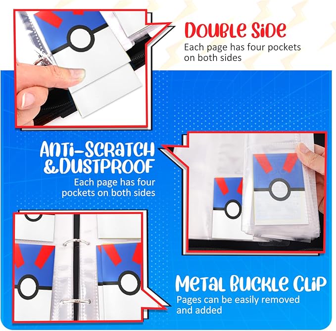 Card Binder 4 Pocket, Trading Card Holder Fits 400 Cards With 50 Removable Sleeves, Portable Collection Card Ablum, Game Card Case book With Zipper for Gift - Blue