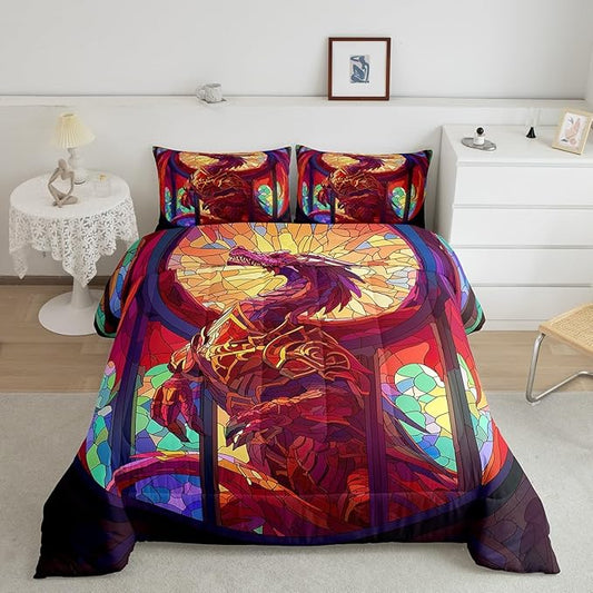 Feelyou Dragon Comforter Set King Size Dragon Stuff Comforter for Boys Girls Teens Wild Life Bedding Set Dragon Decor Duvet Set Room Decor Dark Orange Quilt Set