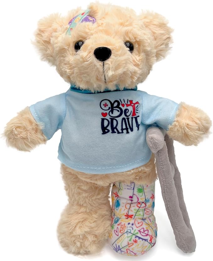 1PC Get Well Soon Broken Leg Teddy Bear - 11" Teddy Stuffed Animal with Switchable Magic Tape Cast & Crutch, Hospital Surgery Recovery Gift for Kids/Toddlers, Be Brave Pre-Printed Doodle Plush