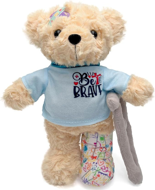 1PC Get Well Soon Broken Leg Teddy Bear - 11" Teddy Stuffed Animal with Switchable Magic Tape Cast & Crutch, Hospital Surgery Recovery Gift for Kids/Toddlers, Be Brave Pre-Printed Doodle Plush
