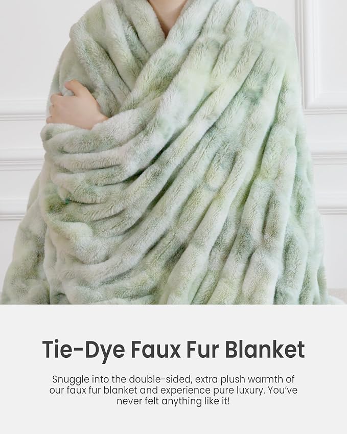 Ultra Soft Cozy Faux Fur Throw Blanket, Fuzzy Plush Thick Bubble Blanket, Luxury Fluffy Blanket for Couch, Sofa, Bedroom, and Living Room, 60x80 Inches,Tie-Dye Sage