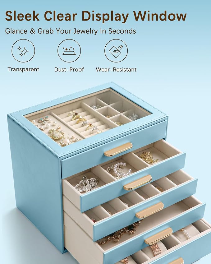 Homeanda Jewelry Boxes Organizer with Glass Lid, 5-Layer PU Leather, Blue | Modern style display case with 5 drawers for daily jewelry, women, mom or girl gift
