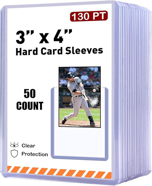 50ct 130pt 3"x4" Hard Card Sleeves - Hard Plastic Trading Card Protector, Rigid Clear Open-Top Card Sleeve, Fits Standard Thick Trading, Baseball, Sports, Game Collectible Cards