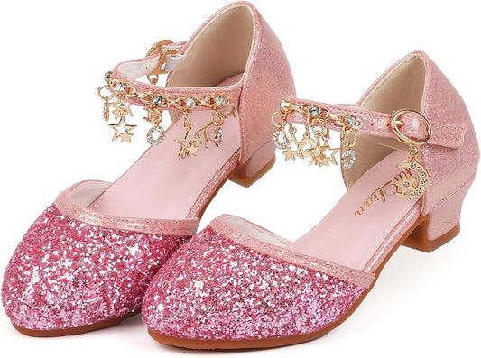 ChuLian Girls Dress Shoes Glitter Sequins Princess Low Heels Party Dance Shoes Party Wedding Flower Girls Sandals