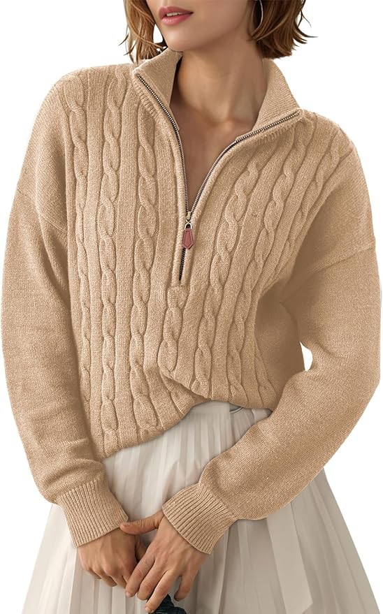 Dokotoo Women's Sweaters 2026 Fall Winter Quarter Zip Ribbed Cable Knit | Long Sleeve,Polo Neck,Lightweight Knit Pullover,Soft Comfy Tops,Casual Trendy Outfits,Fashion Clothing