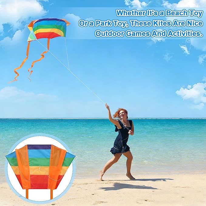 4 Pcs Rainbow Parafoil Kite for Adults Easy to Fly Pocket Kites with 59 Inch Long Tail 164 ft Kite Reel String for Summer Party Beach Park Garden Playground Outdoor (4 Styles)