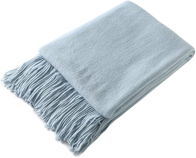 Homiest Pale Blue Knitted Throw Blanket with Fringe, 50x60 Inch | Pure Acrylic, Lightweight & Breathable, All-Season Use, Machine Washable, Wrinkle & Fade Resistant, for Couch Sofa And Bed