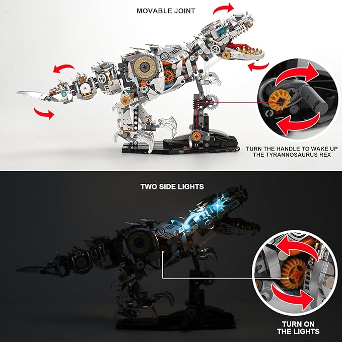 Mechanical Dinosaur Building Blocks Linkage Kit, Jurassic Animal Tyrannosaurus Rex Model with Lighting & Display Stand, STEM Toy DIY Desktop Ornament for Kids Ages 12+, Birthday Gift Idea