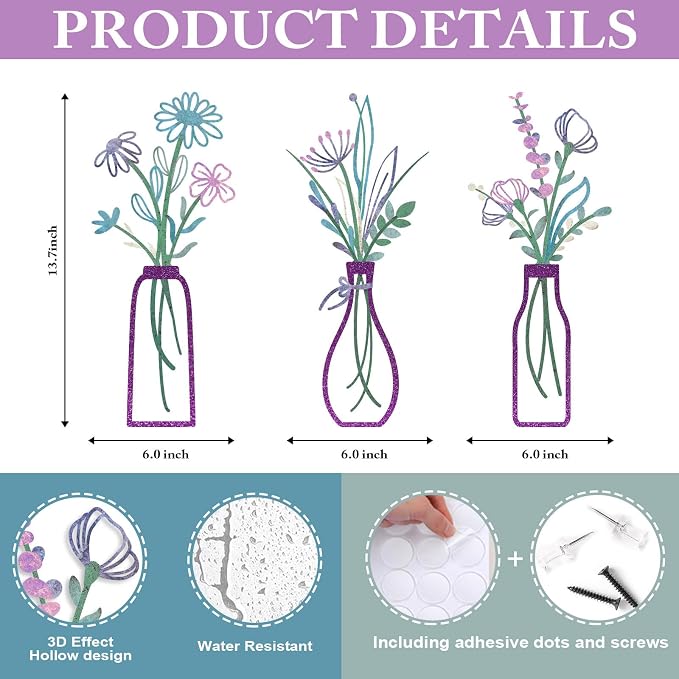Pigort 3 Pieces Metal Flowers Wall Arts - Rustic Farmhouse Decor Purple Minimalist Flower Wall Decors for Living room Bathroom Bedroom Dining Room-Housewarming Gifts(Purple, Vase-C)