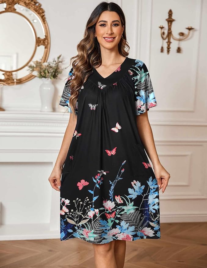 Ekouaer Womens House Dress Floral Print Nightgown with Pockets Mumu Dress