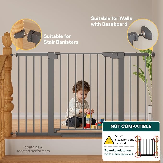 Cumbor 30-51.5" Extra Wide Baby Gate for Stairs, Pressure Mounted Dog Gate Indoor with Self-Closing Walk Through Door, Mom's Choice Award Winner, Child Safety Double-Lock, Cool Gray