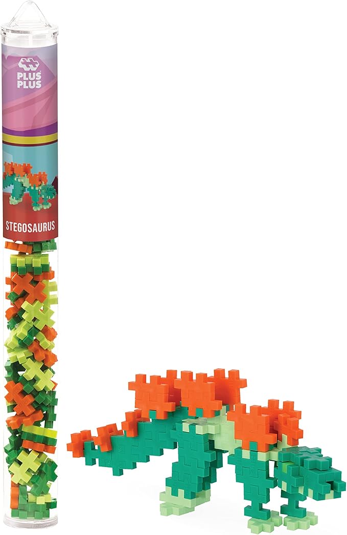 Plus Plus 3D Dinosaur Figure Building Block Set, 70 Mini Interlocking Puzzle Pieces, Fun Stem Toys for Kids - Stegosaurus Maker Tube