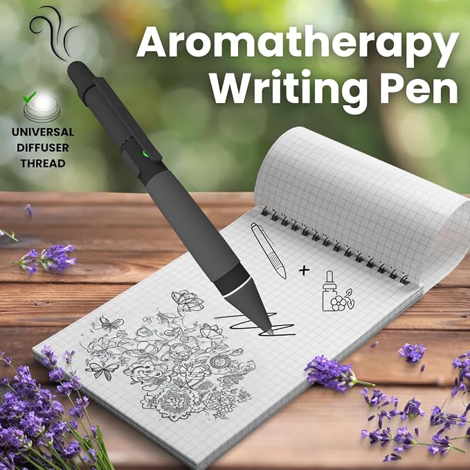 Aromatherapy Writing Pen Battery with Real Ink Tip and Hidden Diffuser Port, Soft Touch Ballpoint for Note Taking, Signature, and On-the-Go Relaxation, Rechargeable Wellness Gift for Office or Travel