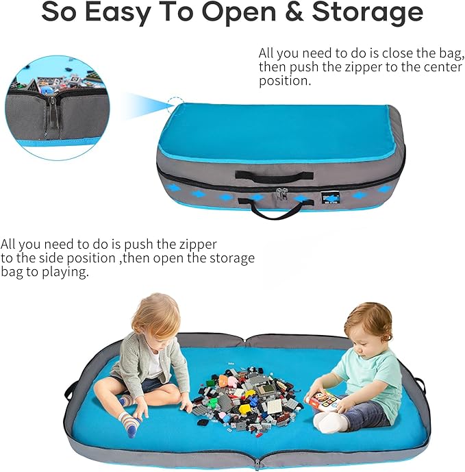 Toy Storage Organizer & Play Mat for Building Bricks & Blocks - Toy Storage Bags Play Mat with Zipper - Easy to Keep The Kids Rooms Neat & Tidy - 45 Inches Large Size - Blue