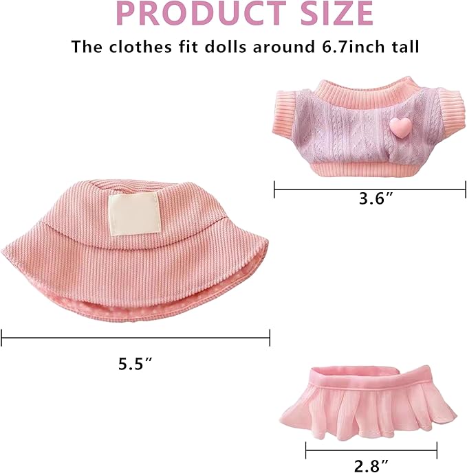 17cm Doll Clothes Outfits - Cozy Knit Top & Beanie Hat for Plush/Blind Box Collectibles (Pink Skirt)