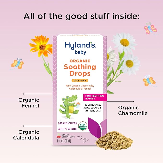 Hyland's Daytime Baby Drops - 1 oz, Organic Cherry Flavor - Soothing Oral Discomfort Relief Drops for Teething Babies